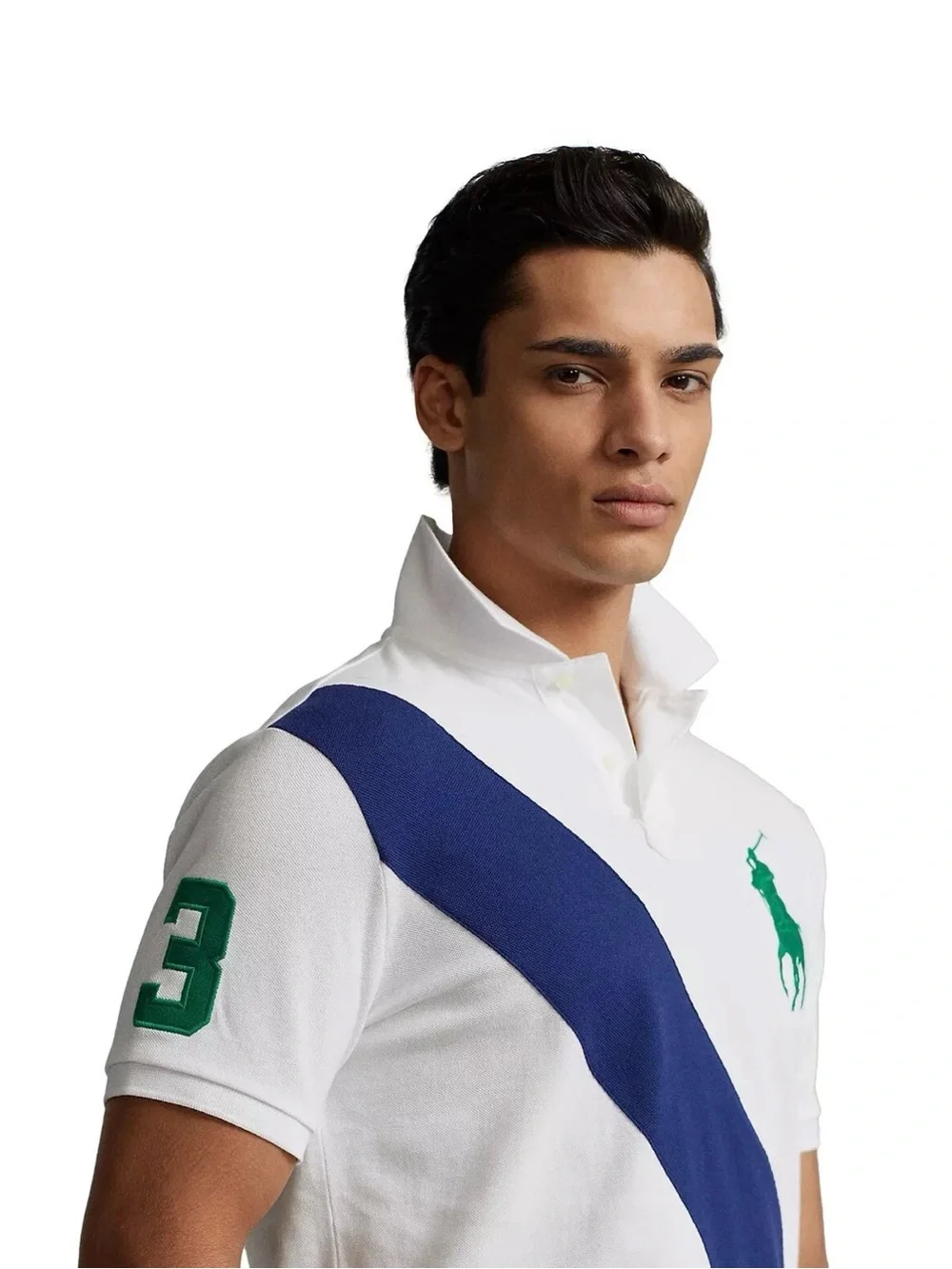 Ralph Lauren White Polo with Navy Diagonal Stripe and Green Logo